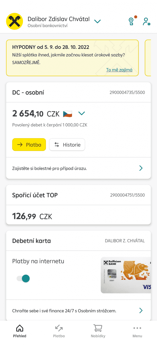 Nová aplikace mobilního bankovnictví Raiffeisenbank. (14. 9. 2022)