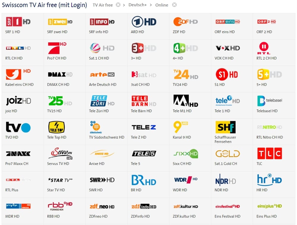 Swisscom TV Air - přehled programů Deutsch+