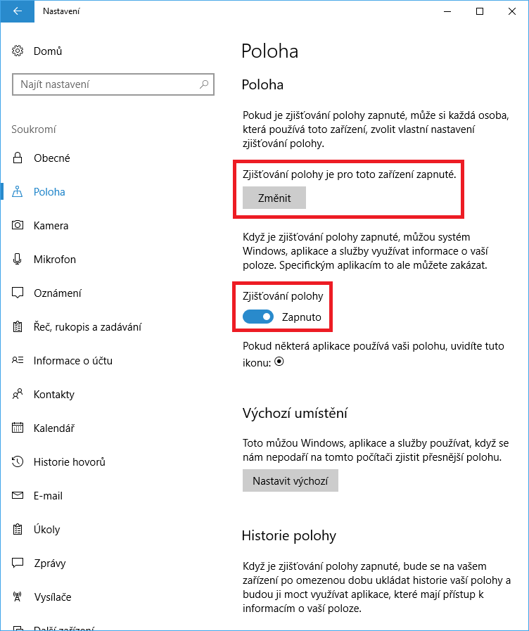 Zjišťování polohy ve Windows 10