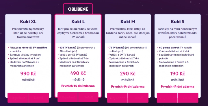 Základní tarify Kuki TV