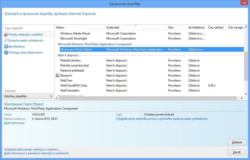 Správa doplňků v Internet Exploreru