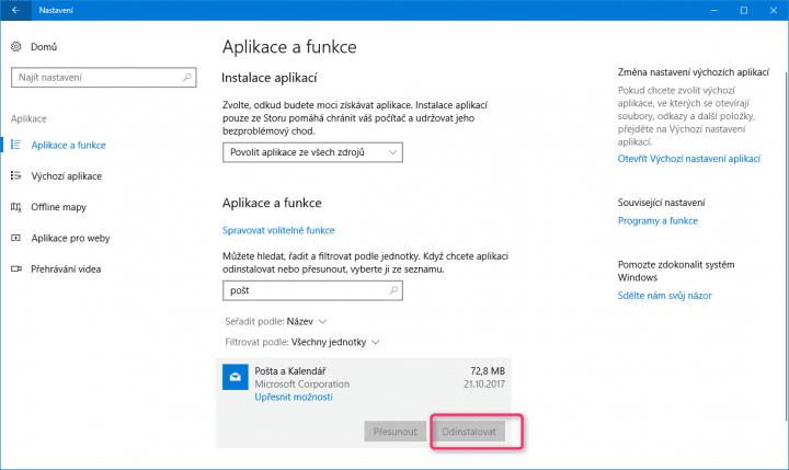 Odebrání a následná instalace je těžká u některých integrovaných aplikací přímo do Microsoftu