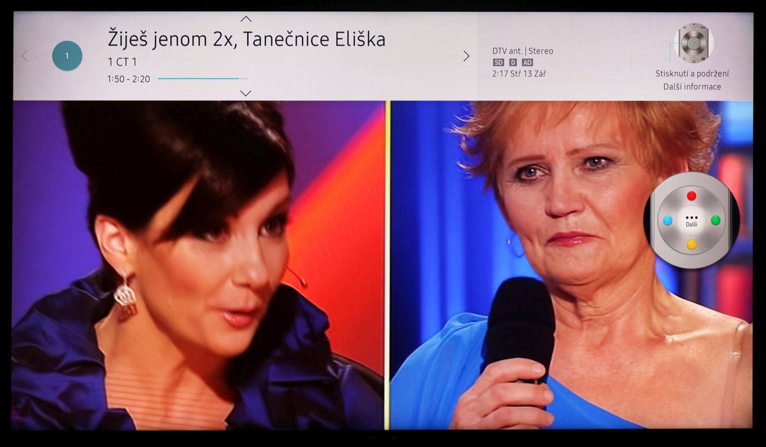 HbbTV je třeba po instalaci Samsungu nejprve zprovoznit. Pak jde vyvolat červeným tlačítkem, které ale na ovladači chybí a musíte tak zmáčknout pomocnou klávesu. Nabídku vidíte vpravo.