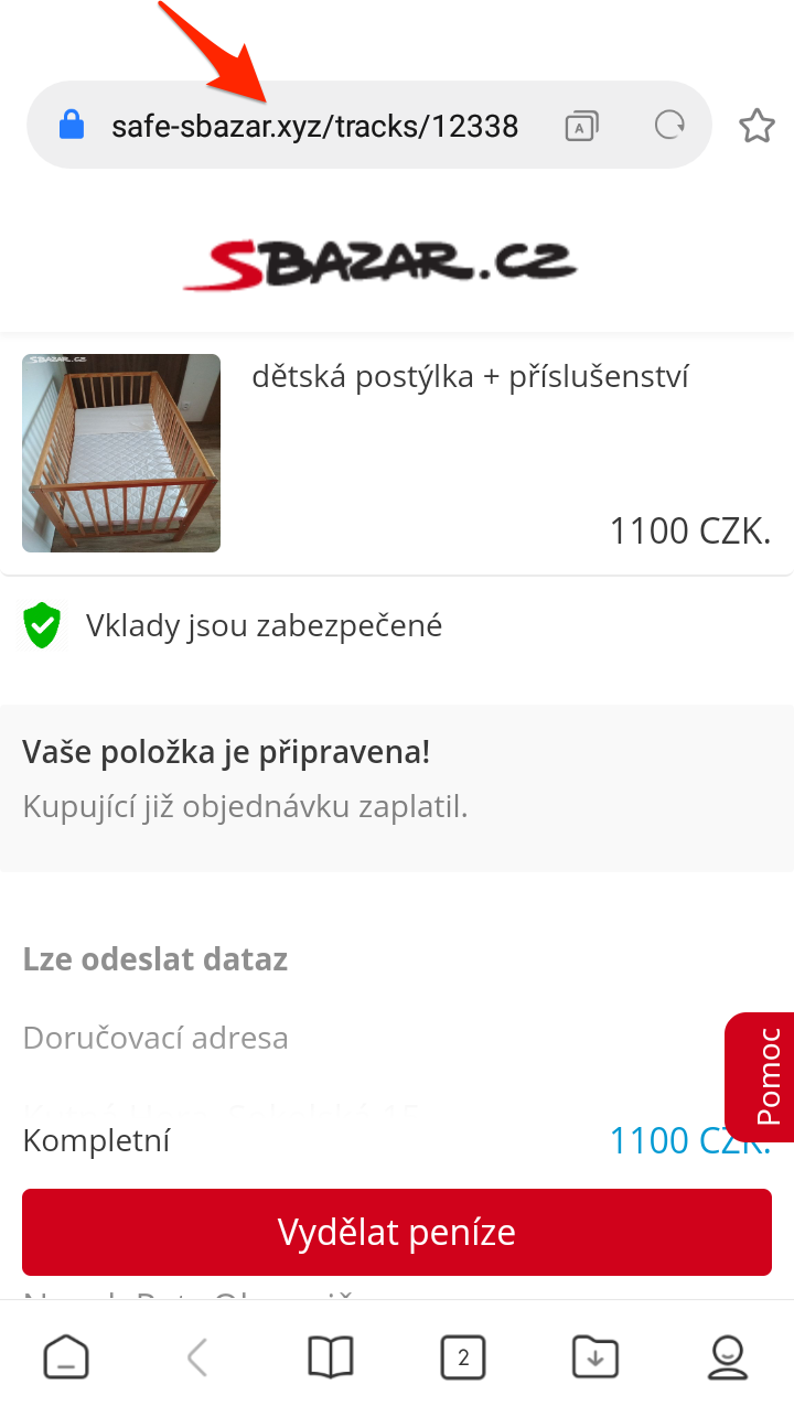 Ukázka podvodné stránky. Všimněte si jiné domény a tlačítka s názvem "Vydělat peníze". které se běžně v inzerci nepoužívá. (9. 9. 2023)