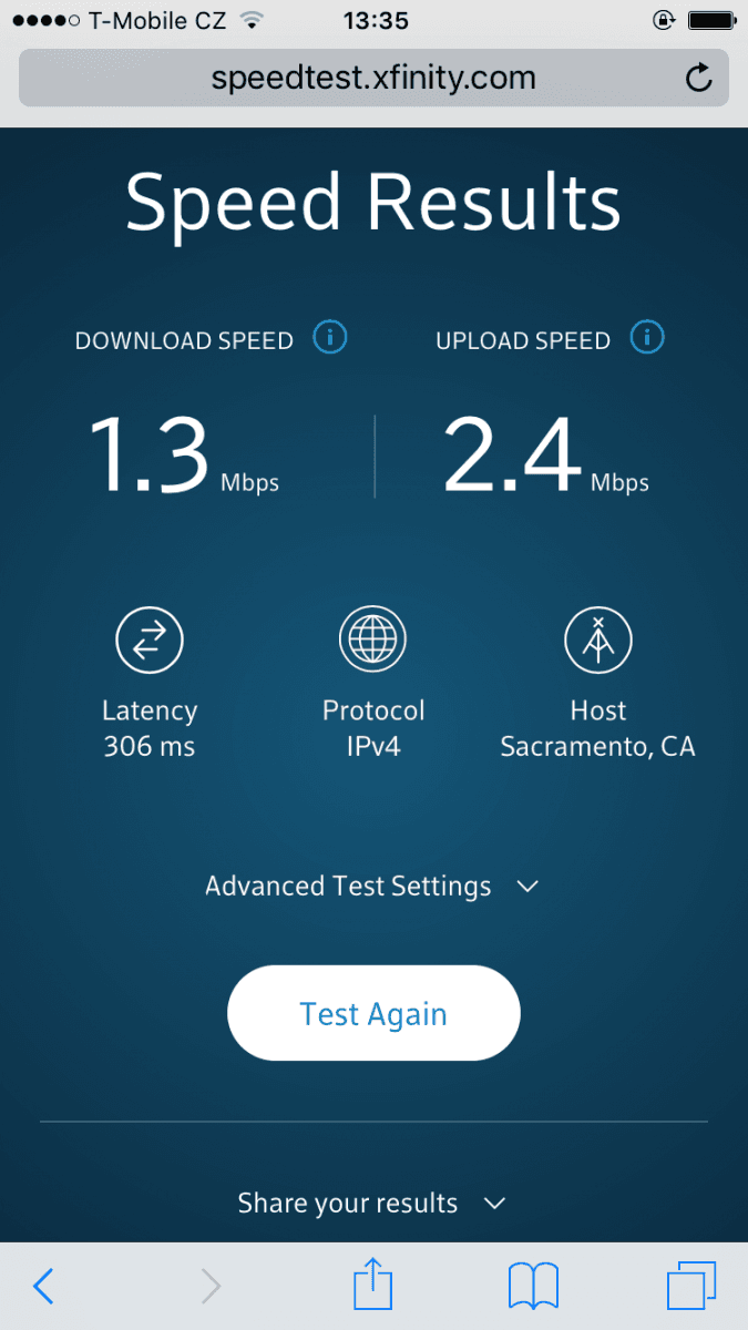 Rychlost internetu zhruba 50 metrů od zastávky (5 GHz)