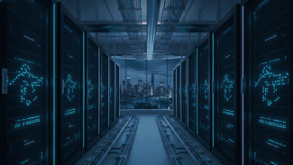 Řady serverových racků v datovém centru s modrým LED podsvícením, ilustrující infrastrukturu pro umělou inteligenci a růst celosvětových výdajů na IT v roce 2026.