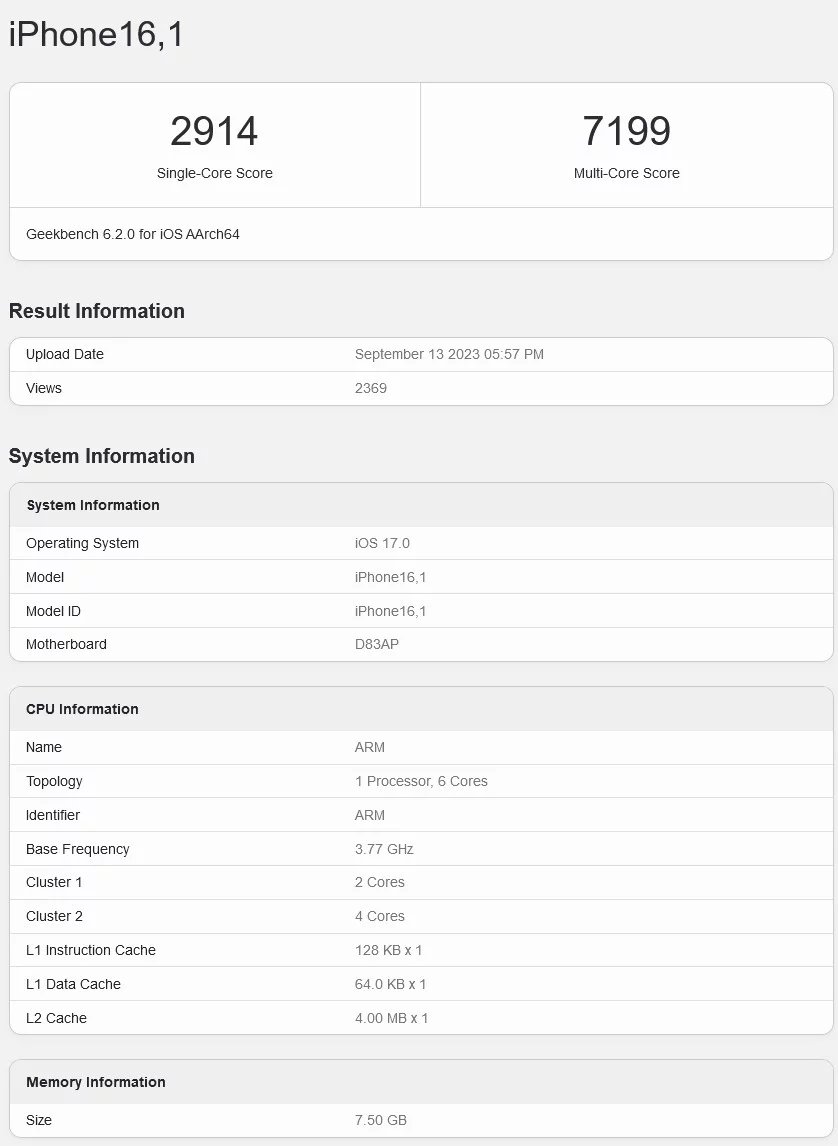Apple A17 Pro v databázi Geekbench