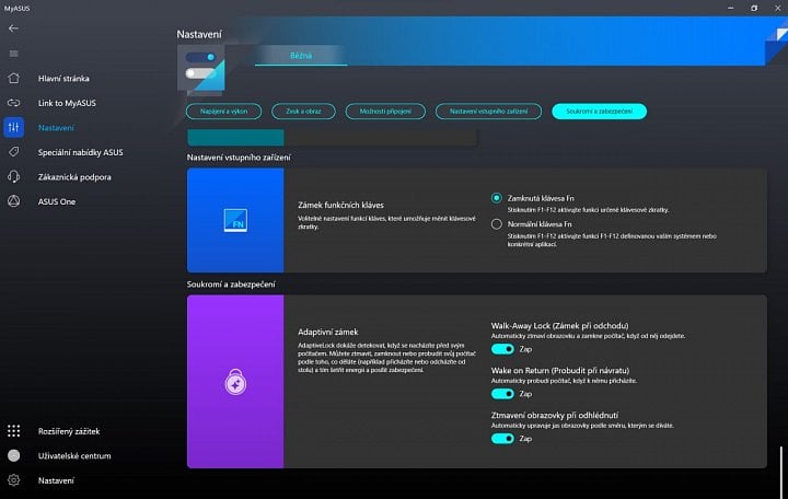 Nastavení funkce AdaptiveLock v MyAsus (zdroj: Cnews)