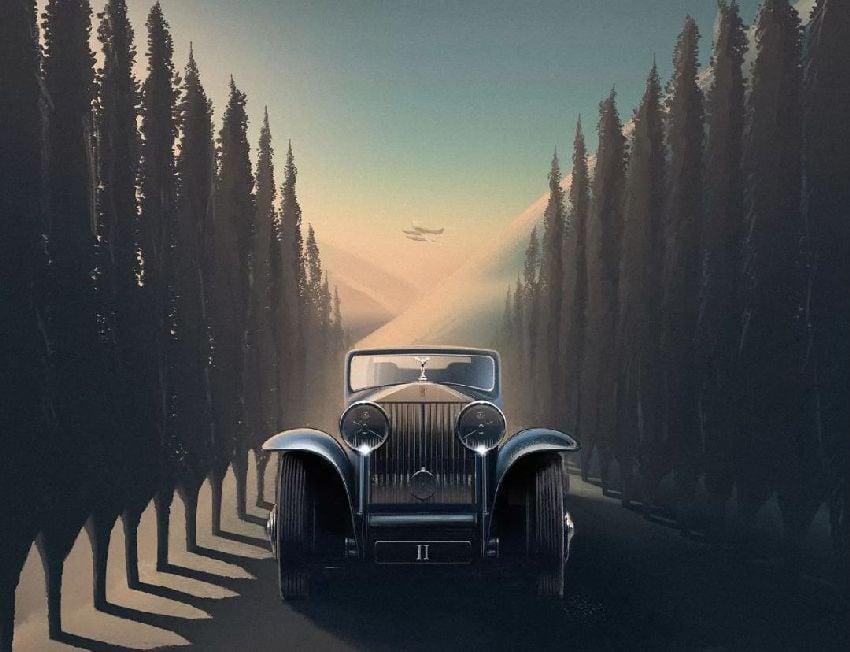 Phantom těch nejlepších ročníků se dostal i na stylizovanou ilustraci. Hydroplán v pozadí a udržovaná alej evokují smysl pro předválečnou eleganci