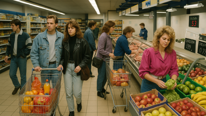 Muži a ženy nakupující v supermarketu v 90. letech.