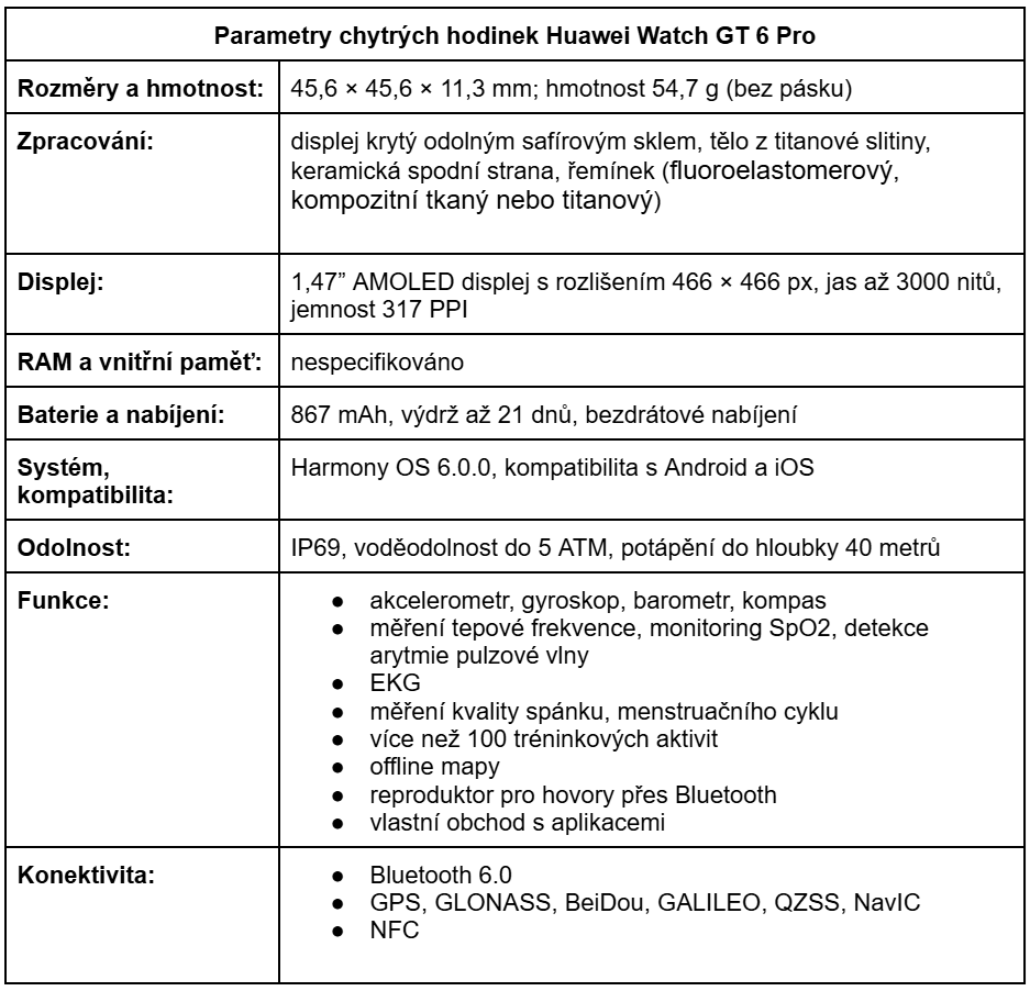 Parametry chytrých hodinek Huawei Watch GT 6 Pro