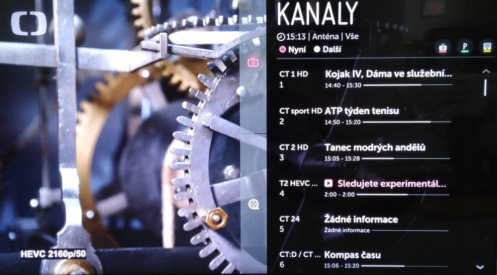 LG 65UF950 - experimentální vysílání DVB-T2 HEVC