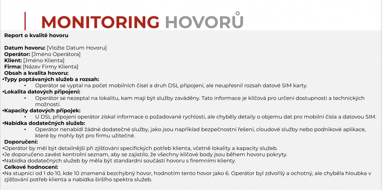 Takto vypadá výstup z monitorovaného hovoru, který provedla AI. Co udělal operátor dobře a co špatně?