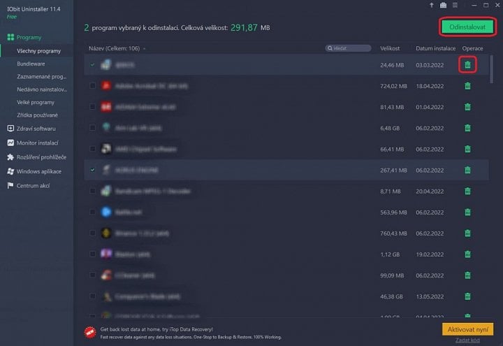 Odinstalace více programů
