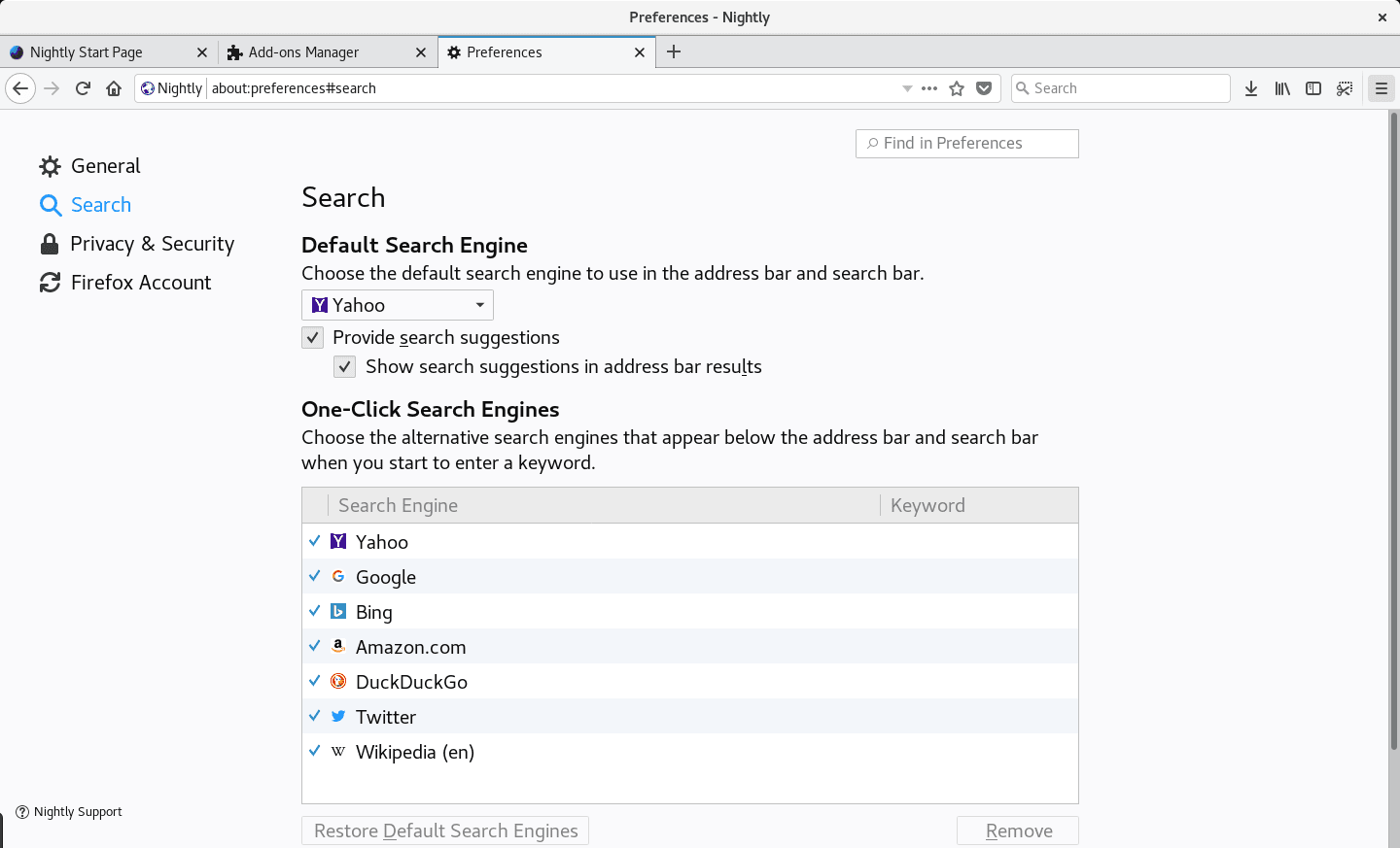 Nastavení vyhledávačů.