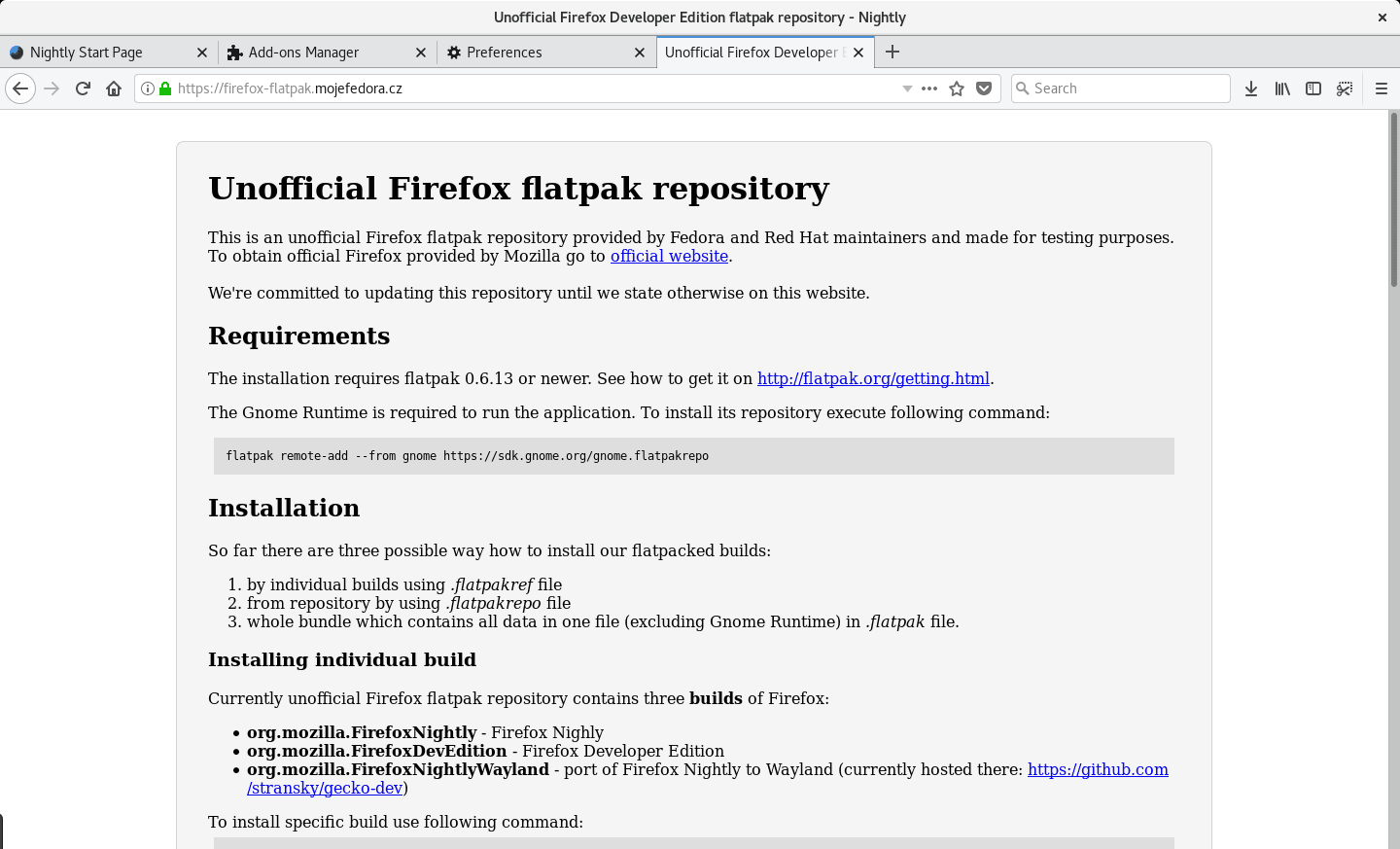 Aktuální Nightly verzi můžete získat také z tohoto neoficiálního Flatpak repozitáře.