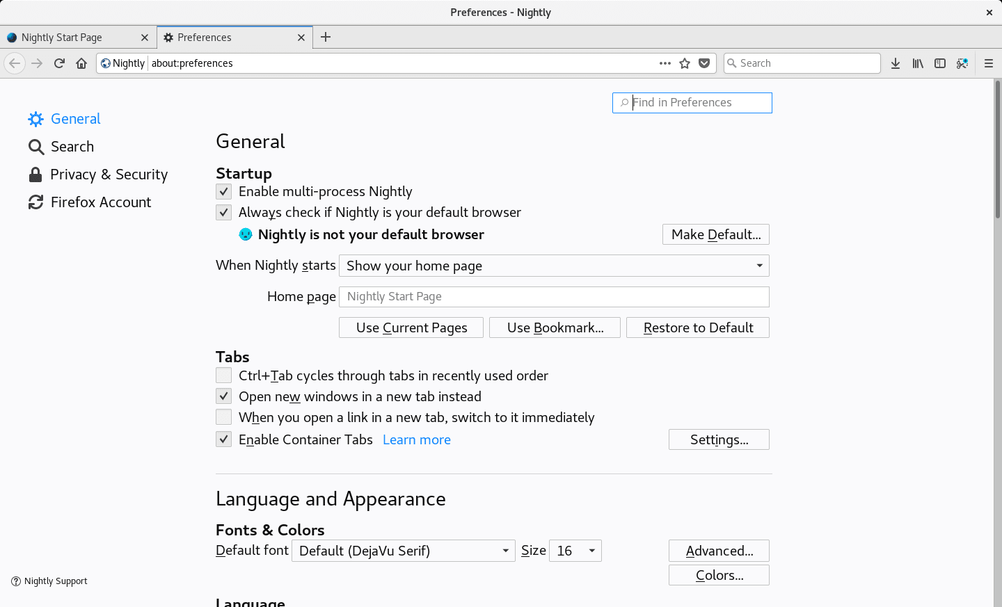 Hlavní nastavení prohlížeče.