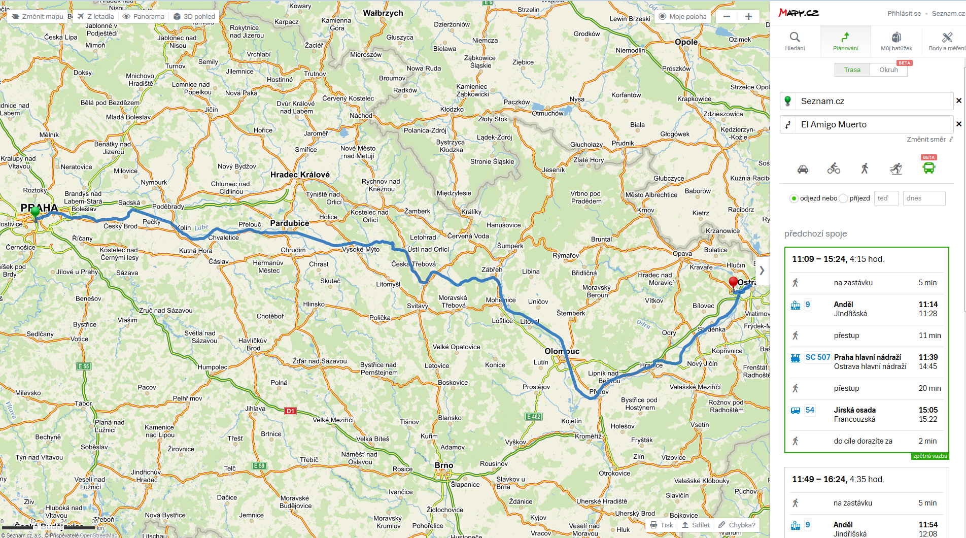 Vyhledávání spojení MHD v Mapy.cz