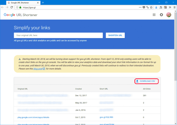 Zkracovač dlouhých adres URL bude pro stávající uživatelskou základu funkční ještě rok. Svá data z něj můžete získat ve formě soubor CSV