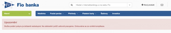Výpadek transakčních systémů Fio banky. (8. 12. 2023)