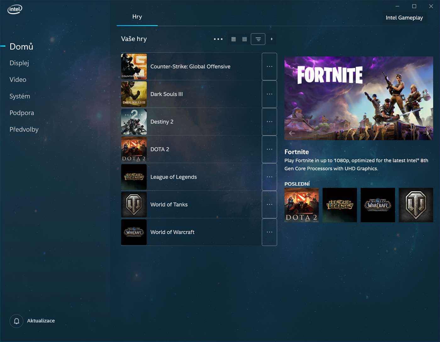 Screenshoty Intel Graphics Command Center (česká verze)