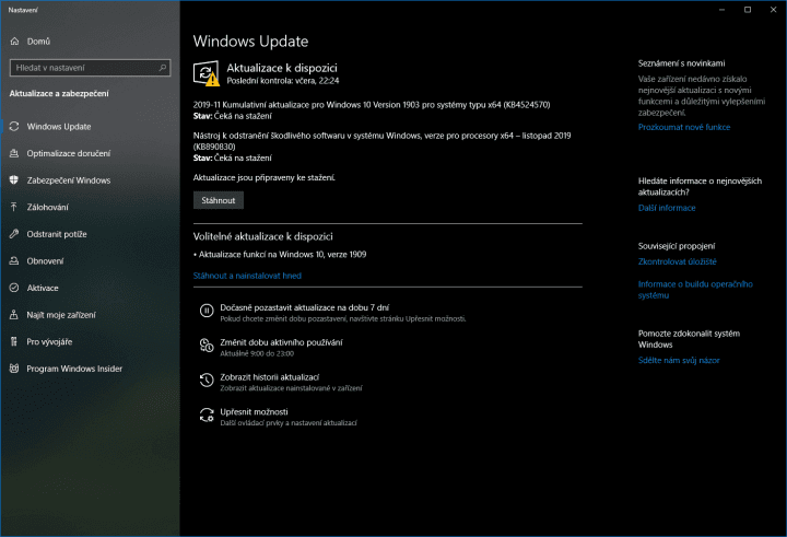 Listopadové aktualizace jsou venku. Pokud chcete zůstat na verzi 1909, můžete pouze instalovat servisní aktualizaci pro verzi 1903