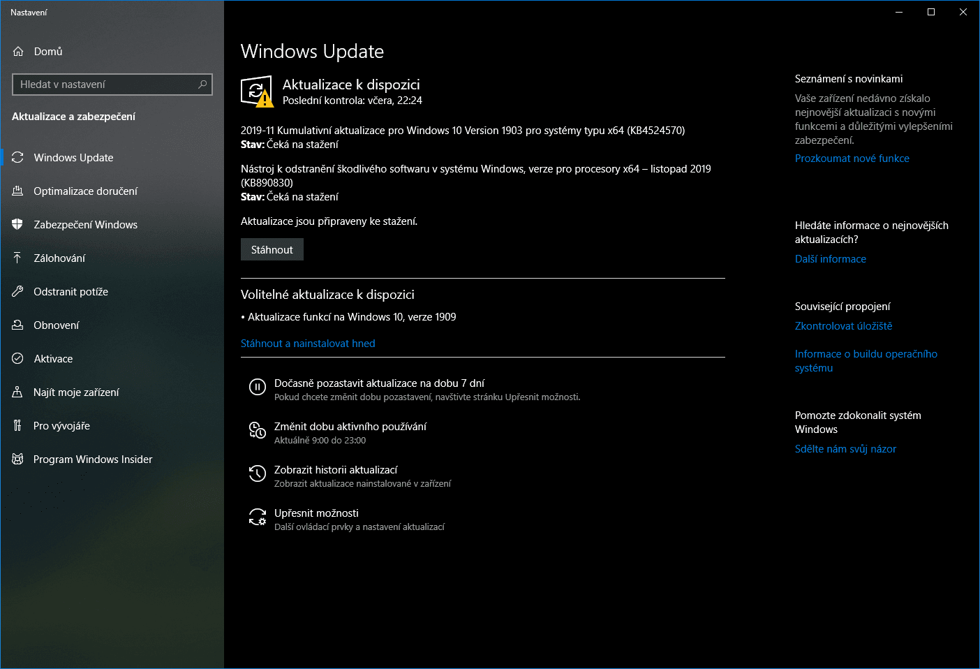 Listopadové aktualizace jsou venku. Pokud chcete zůstat na verzi 1909, můžete pouze instalovat servisní aktualizaci pro verzi 1903