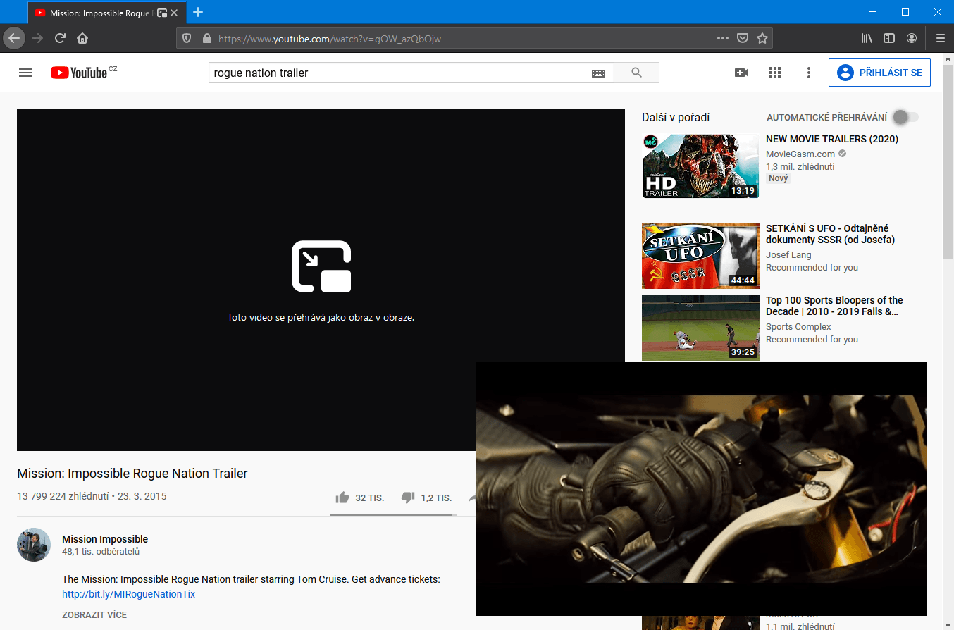 Tímto tlačítkem video „vyloupnete“ do samostatného plovoucího okna