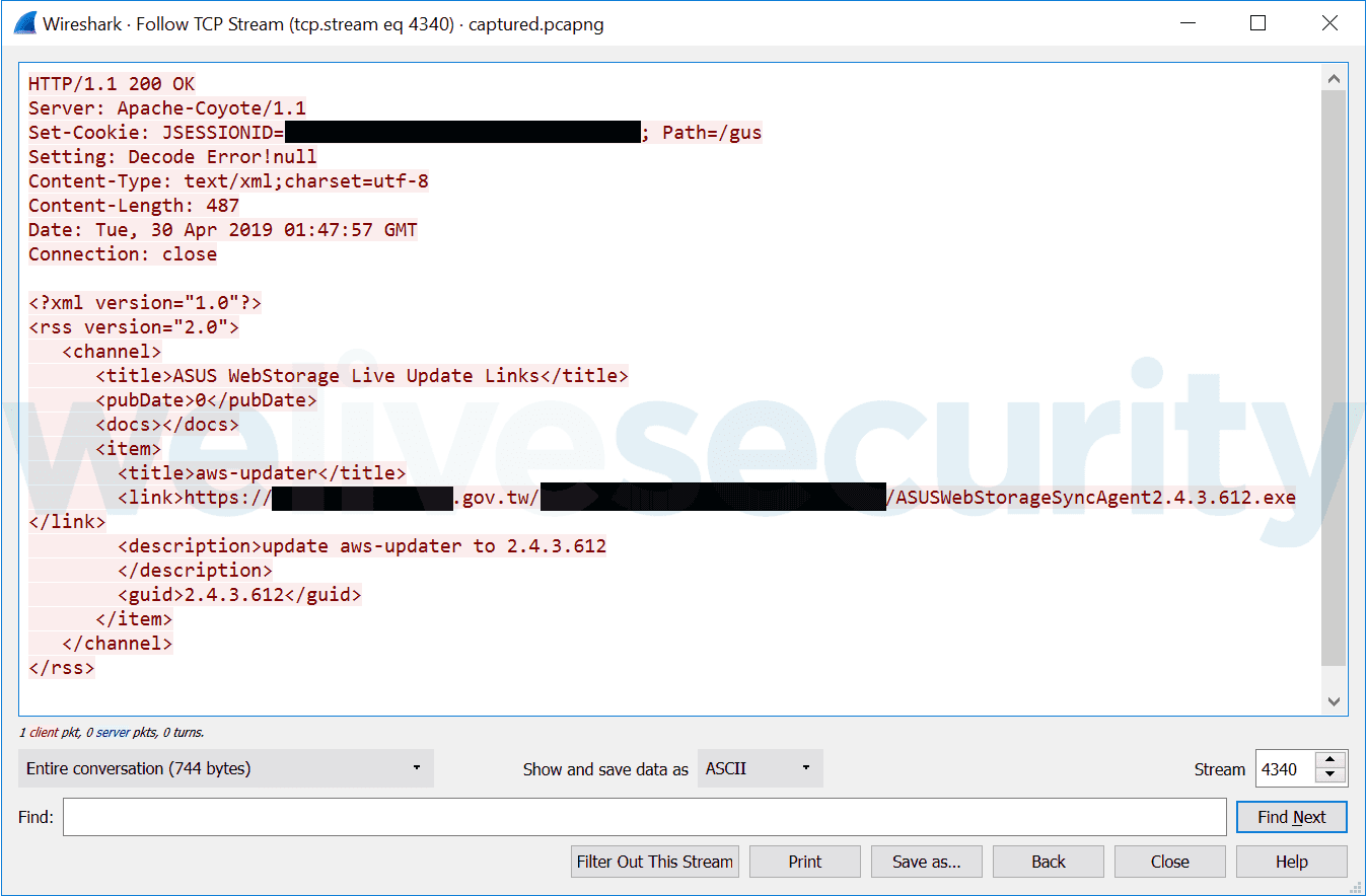 Útok na Asus WebStorage: kompromitovaná odpověď serveru, dávající odkaz ke stažení z útočníky zneužité domény .gov.tw