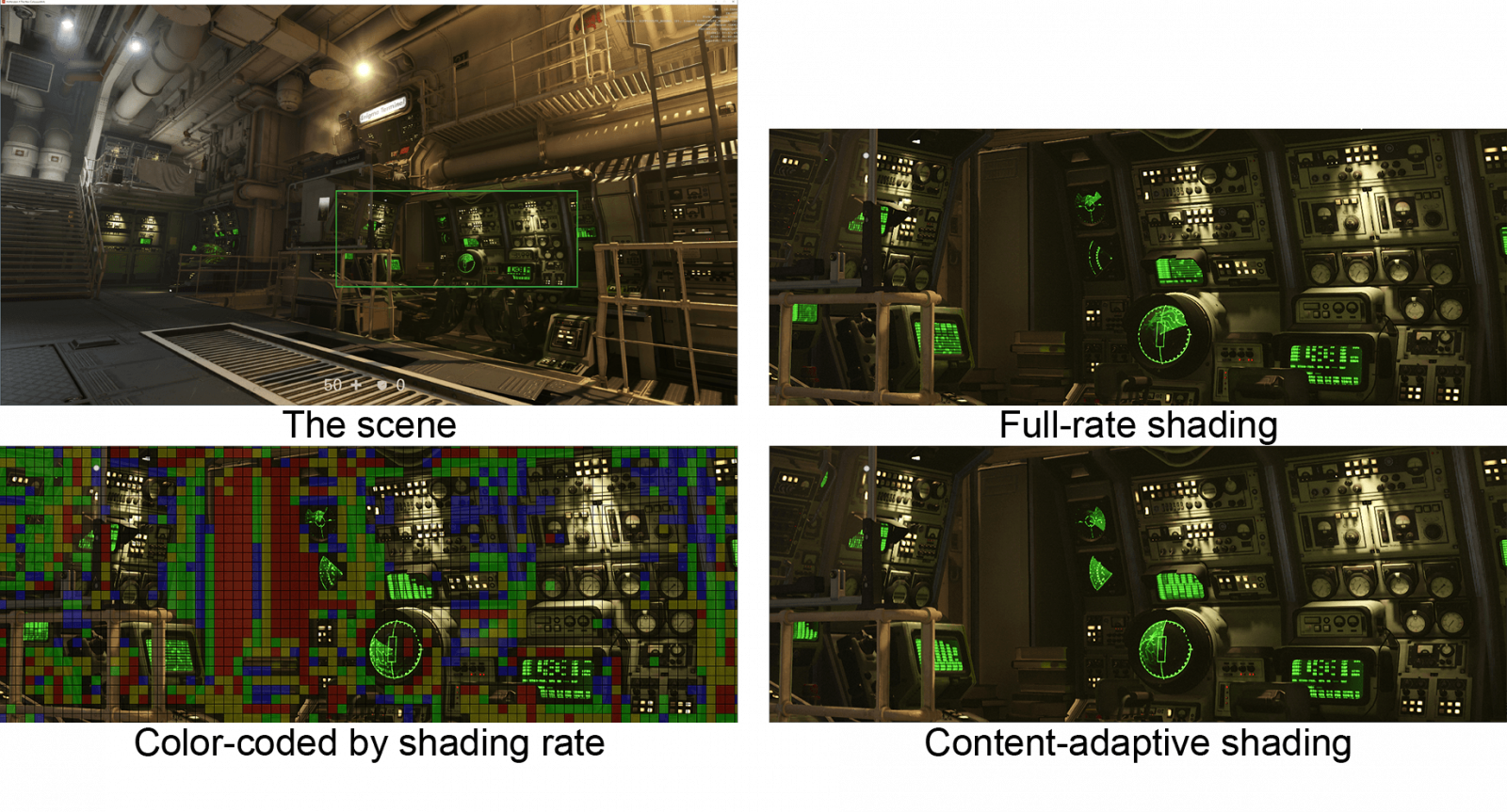 Demo Content Adaptive Variable Shading, rozdělení bloků ve scéně (zdroj: Nvidia)