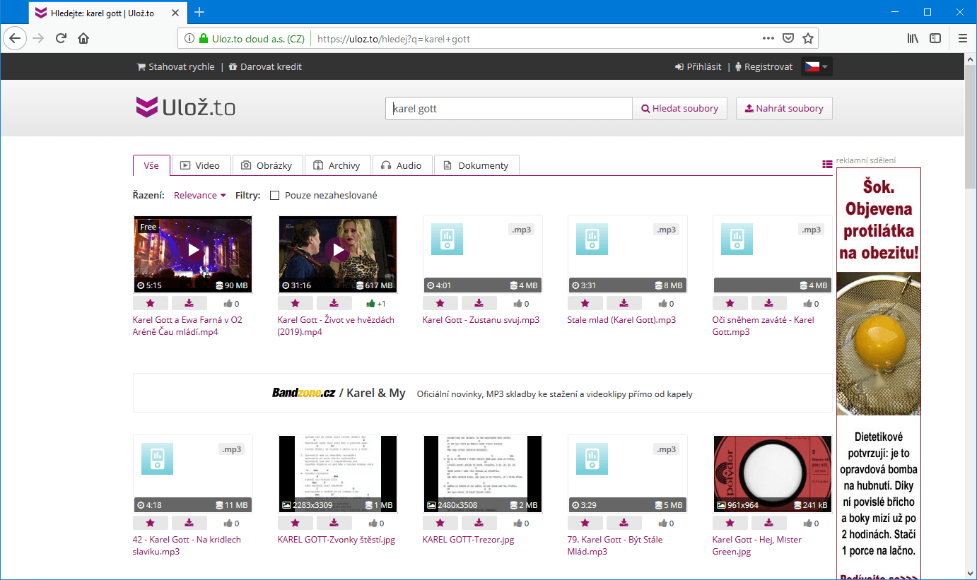 Server Ulož.to obsahuje praktický vyhledávač souborů