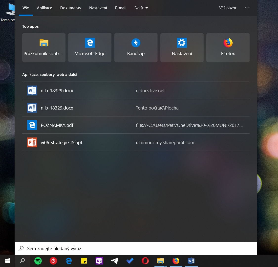 Ve vyhledávání se v horní části zobrazují nejčastěji používané aplikace