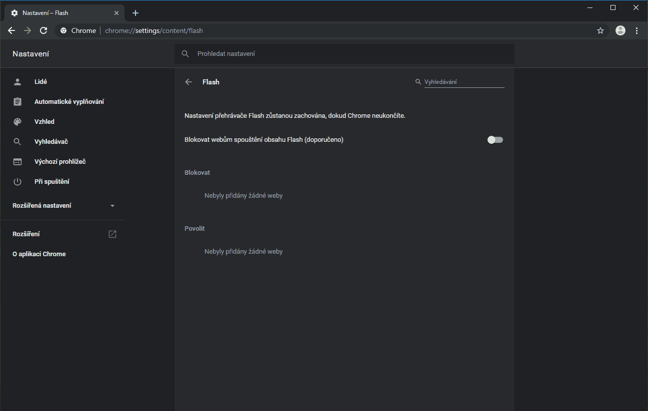 Flash Player je už standardně úplně vypnutý