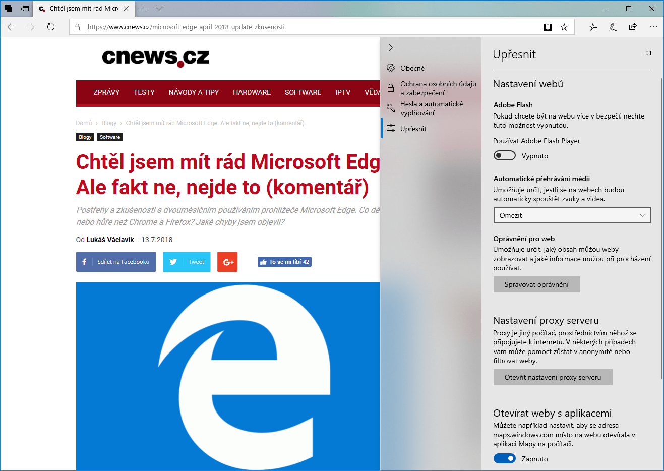 Hlavní nabídka je přehlednější. Díky ní Edge začíná vypadat jako produkt, který můžete brát vážně