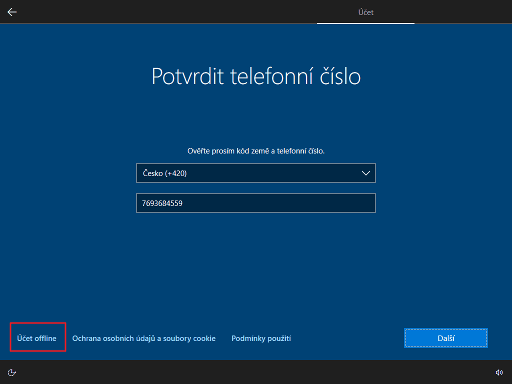 Zadáte-li falešné telefonní číslo, na další obrazovce najdete odkaz na vytvoření lokálního účtu