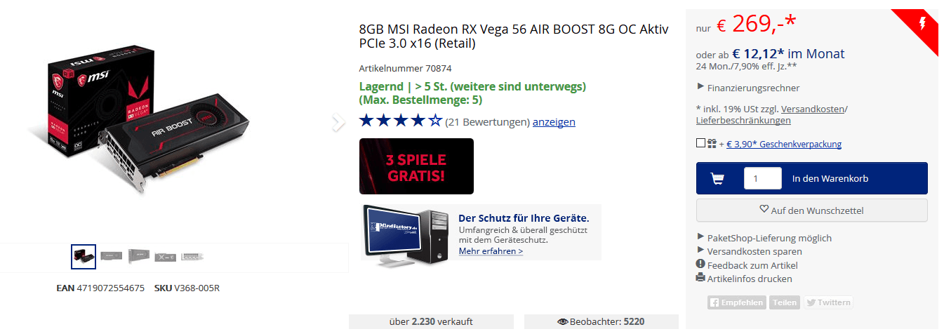 MSI Radeon RX Vega 56 Air Boost v obchodě Mindfactory
