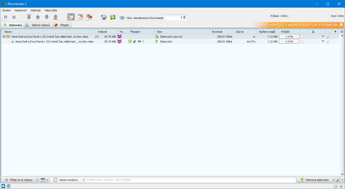 Program dobře informuje o průběhu stahování