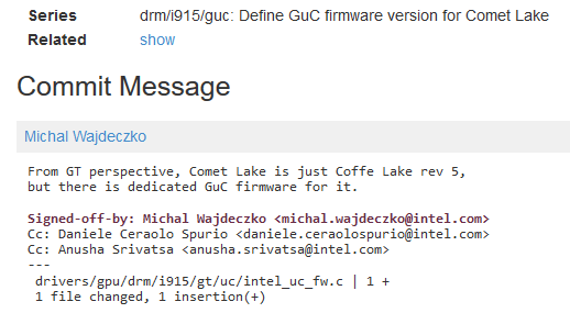 Comet Lake by podle kódu v Linuxu mělo mít stejné integrované GPU jako Coffee Lake