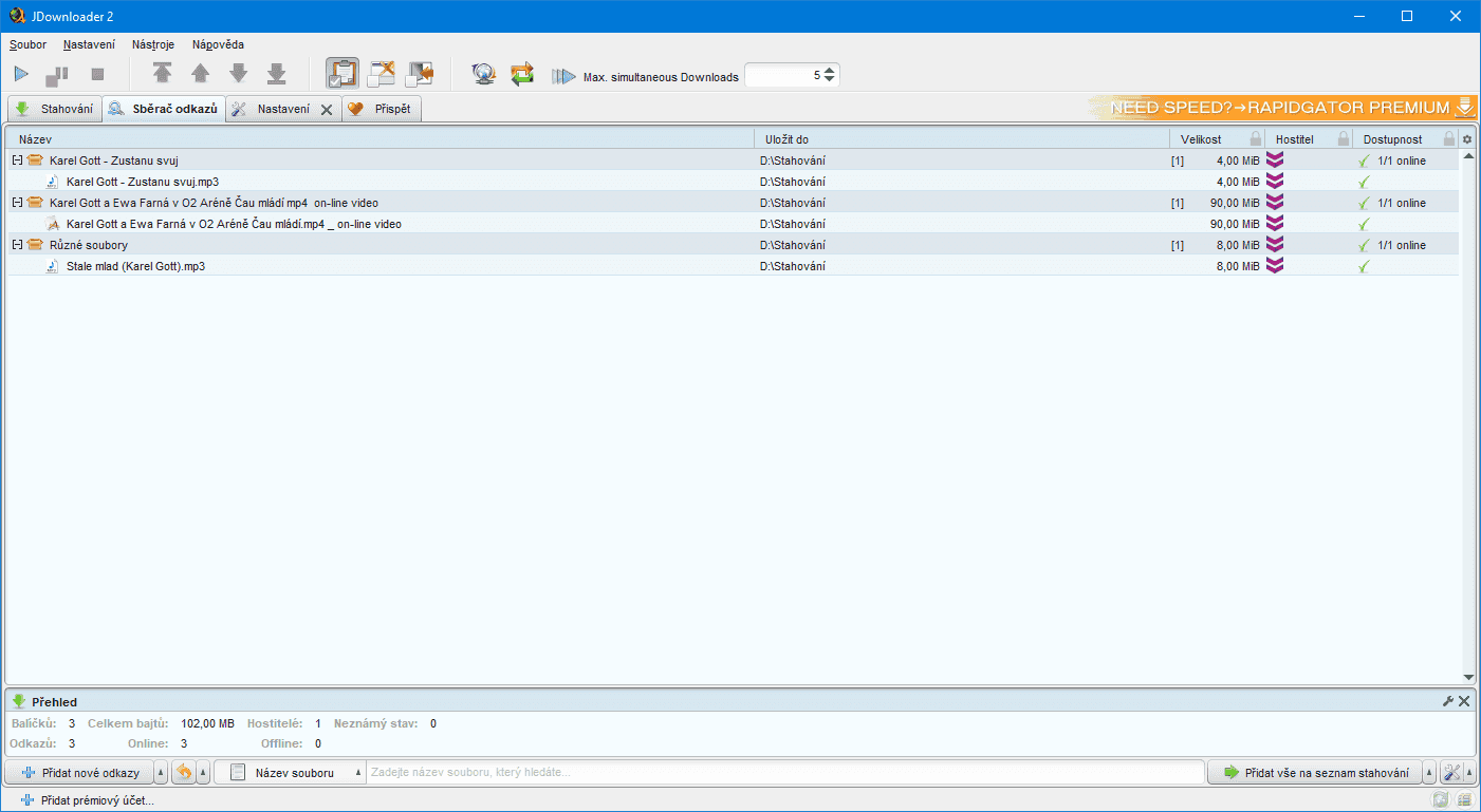 Sběrač odkazů hromadí odkazy, které budou staženy