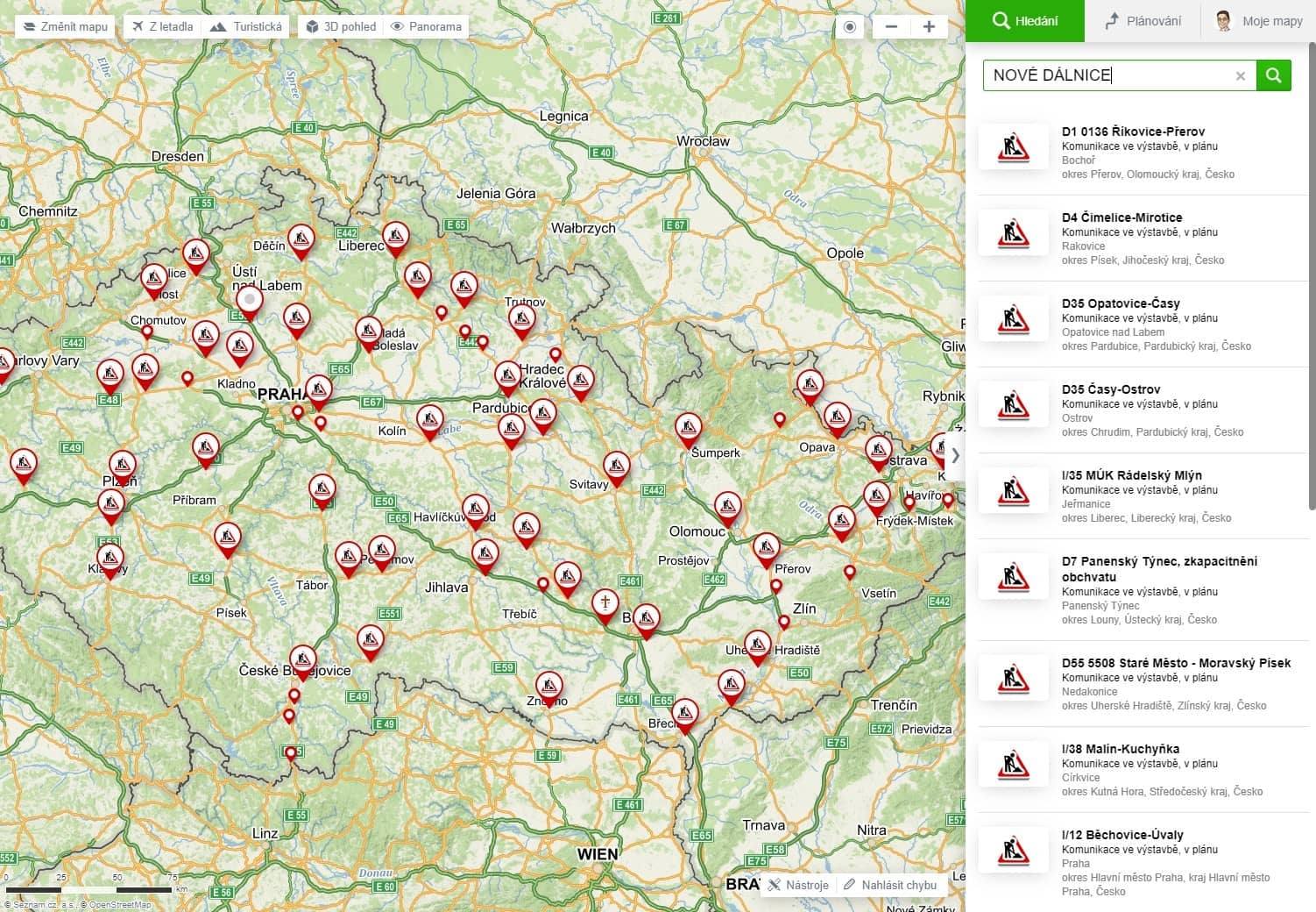 Mapy.cz ukazují nové dálnice a silnice I. třídy