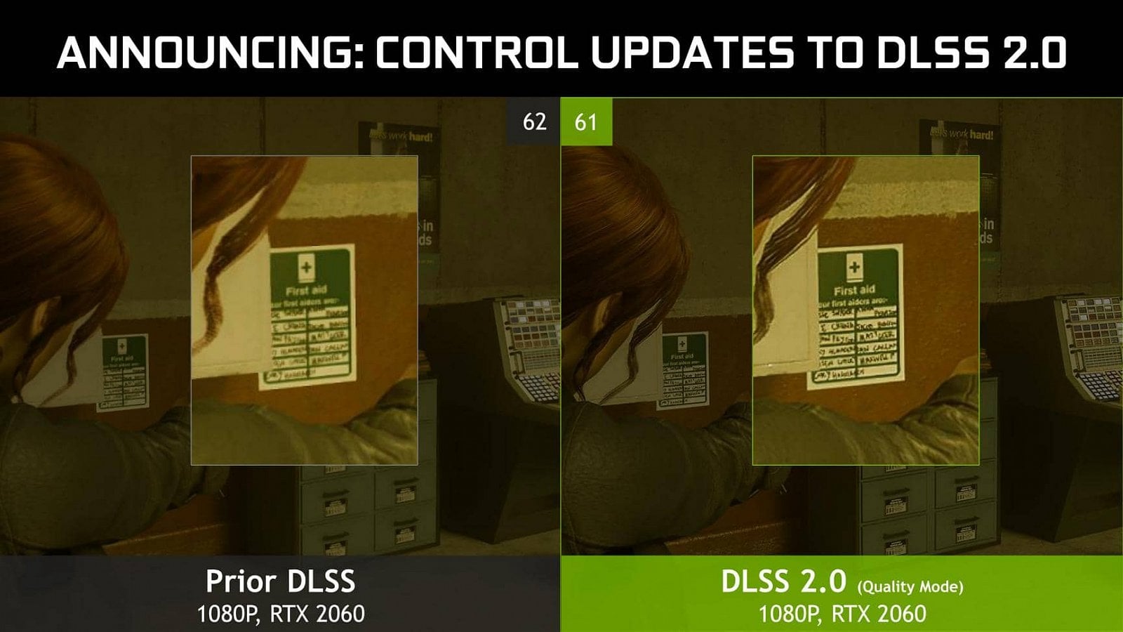 Ukázka DLSS 2.0 ve hře Control, vlevo snímek s původním tzv. DLSS (Zdroj: Nvidia)