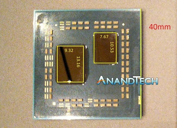 Vzorek Ryzenu 3000 Matisse bez rozvaděče tepla a s odhadem velikosti čipů (Zdroj: AnandTech)