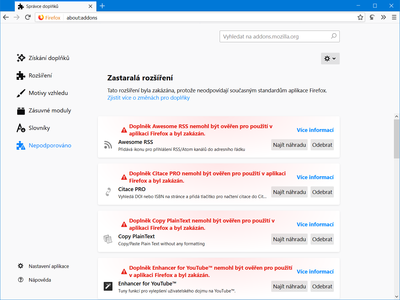 Všechny doplňky byly kvůli starému certifikátu zakázány