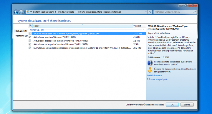 Volitelné aktualizace se ve Windows 7 ukazují v samostatné sekci. Windows 10 zatím nic podobného nenabídl
