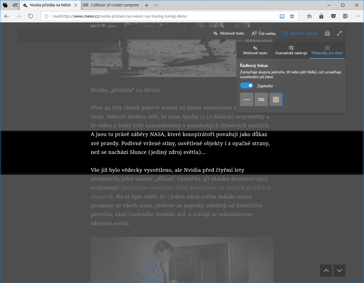 Edge je vybavený nástroji pro snadné čtení. Tzv. řádkový fokus k nim patří