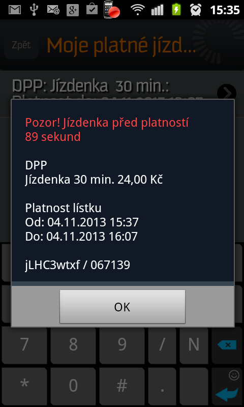 Jízdenka bude aktivní až za 90 vteřin.