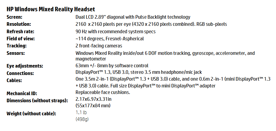 Specifikace HP Reverb