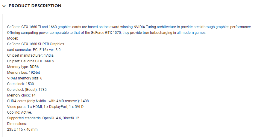 Parametry pro kartu PNY GeForce GTX1660 Super 6GB VCG16606SSFPPB