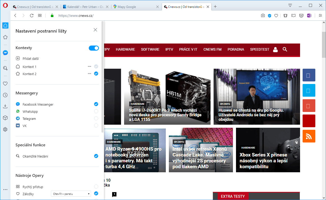 „Kontexty“ spravujete stejně jako zbytek postranního panelu přes novou nabídku