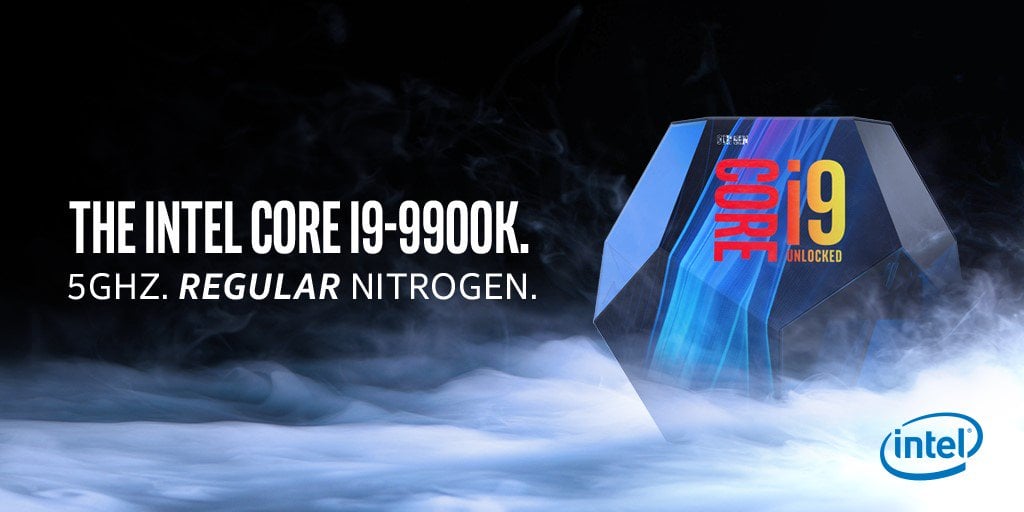 Reklama Intelu na Core i9 9900K. Pokud tolik nevládnete angličtinou: Intel se chlubí, že procesor dosáhne 5 GHz s chlazením *plynným* dusíkem, ne kapalným, jenž byste čekali coby oblíbený prostředek extrémního přetaktování (Zdroj: Twitter)